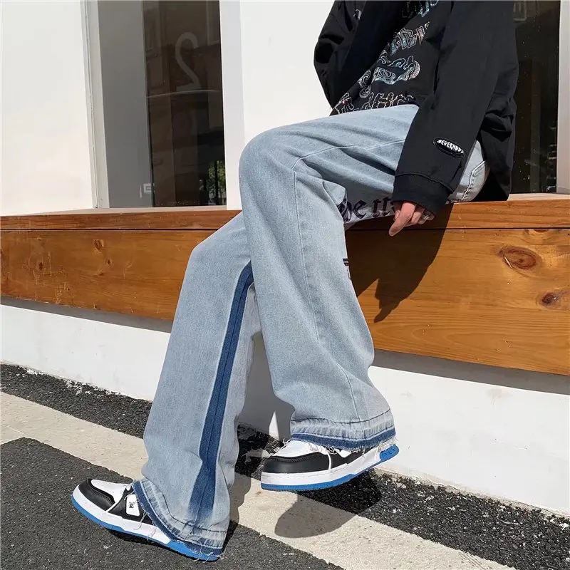 2022 Preppy Style Letter Embroidery Retro Washed Men Baggy Jeans Trousers Hip Hop Wide Vintage Denim Pants New Fashion Pantalon