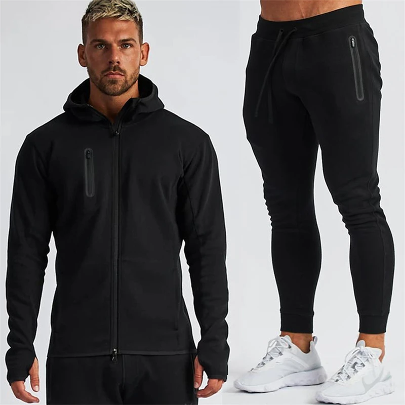 

Autumn And Winter Sports Hoodies Suit Mens Outdoor Running Hooded Sweater Sweatpants 2 Pieces Set Solid Color Casual Sports Suit