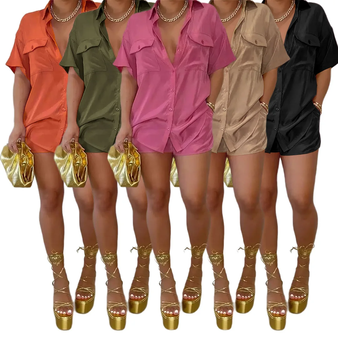 

Solid Short Sleeve Button Up Pocket Shirt And Shorts Women 2 Piece Summer Set Women Sexy Club Festival Outfits Casual Streetwear
