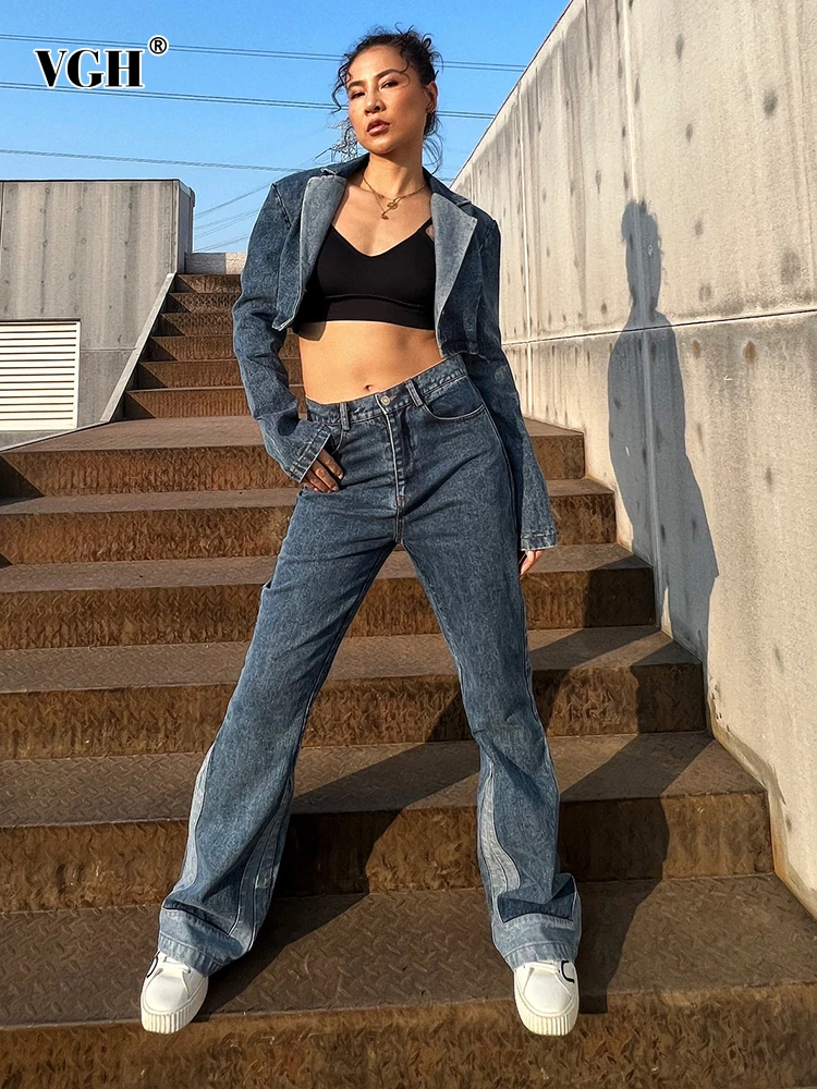 

VGH Solid Blue Denim Two Piece Sets For Female Lapel Collar Long Sleeve Cropped Top High Waist Slim Jeans Women's Set New 2022