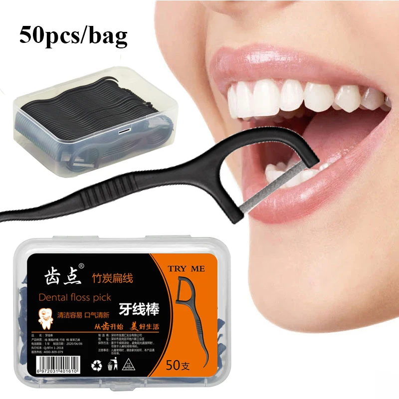 

50Pc Natural Bamboo Charcoal Flat Dental Floss Portable Organic Dental Teeth Floss Disposable Tooth Clean Stick InterdentalBrush