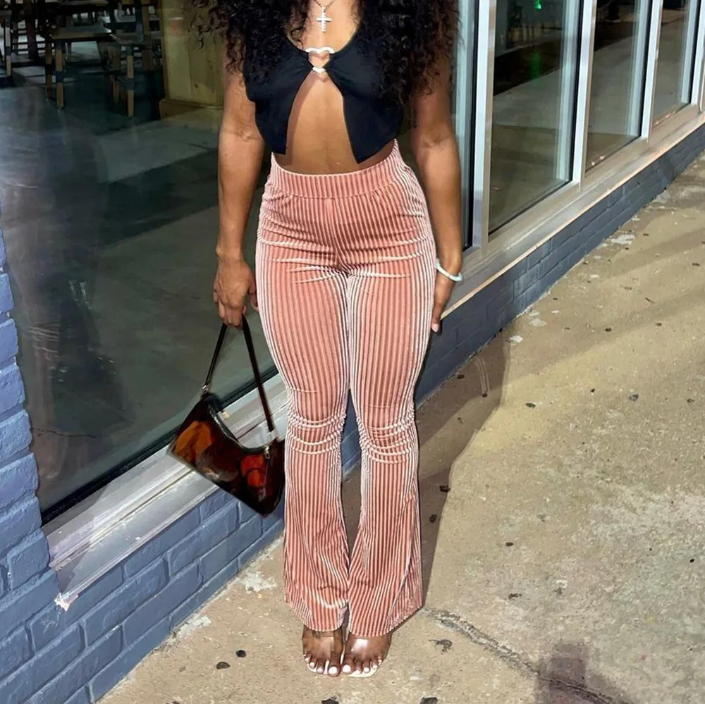 

Новинка 2022, стильные женские мягкие брюки в рубчик с завышенной талией для живота, эластичные брюки-клеш