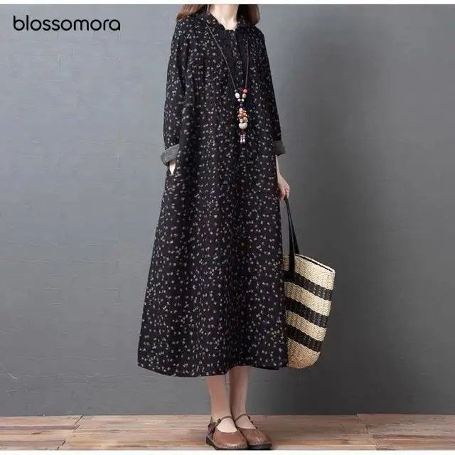 

Blossomora Floral Print Button Loose Vintage Maxi Dress Casual Long Sleeve V-neck Slim Fashion Autumn Vestidos for Women 2022