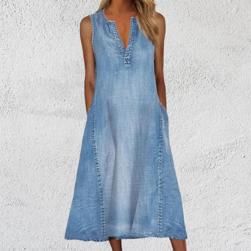 

Fashion Midi Dress Breanthable Pockets Large Hem Women Midi Dress Sleeveless Shrink-resistant Tunic Dress Streetwear