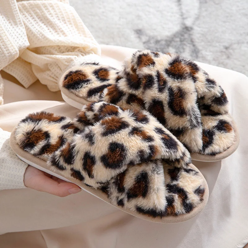 2023  Women's Cross Fur Leopard Winter Slipper Home Shoes For Female  Indoor House Floor Slippers