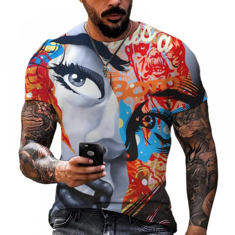 

Men 3D Graffiti Print T-Shirt Summer Casual Fashion O-neck Round Neck Short Sleeve Loose Oversized Tees Comfortable Casual Tops
