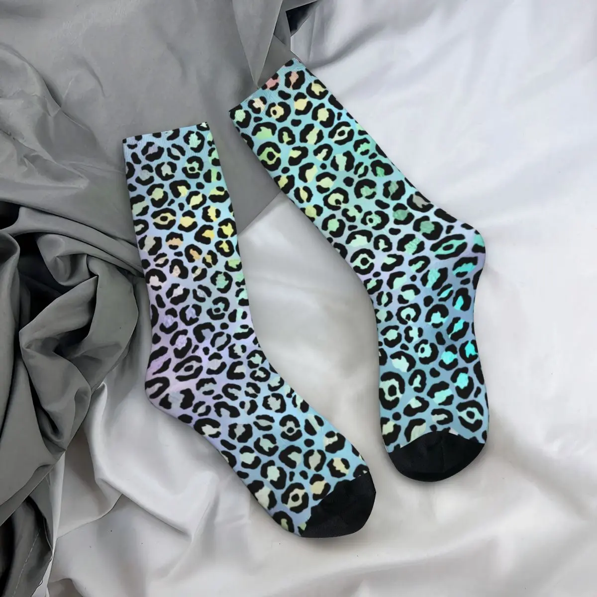 Носки радужные с леопардовым принтом, эластичные чулки средней длины с животным принтом, модные носки для подростков из большого химического волокна