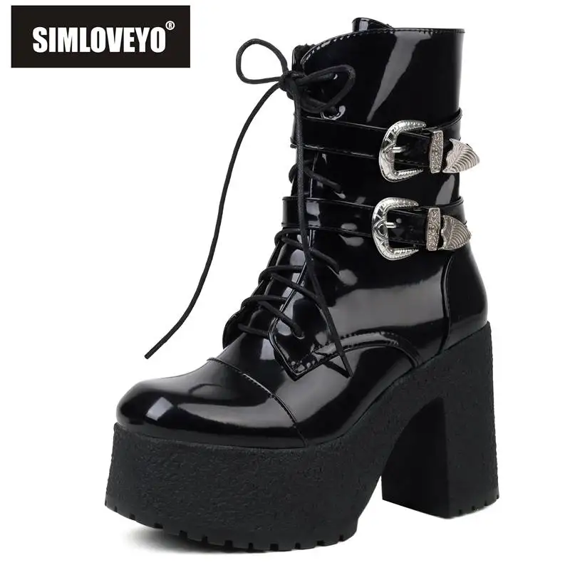 

SIMLOVEYO Women Boots botas de mujer Shoes Square Toe Shaft Platform Chunky Heels Zip Lace-up Buckle Punk Big Size 35-43 Solid
