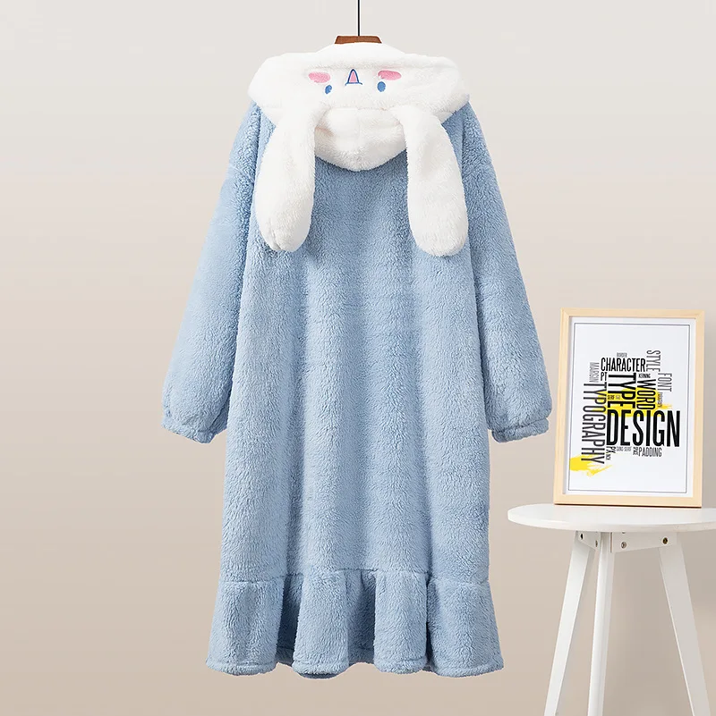 Bathrobe for Women Pajamas Set Long Sleeve Robes Kawaii Hooded Nightgown Thicken Flannel Night Gown Plush Soft Cartoon Sleepwear