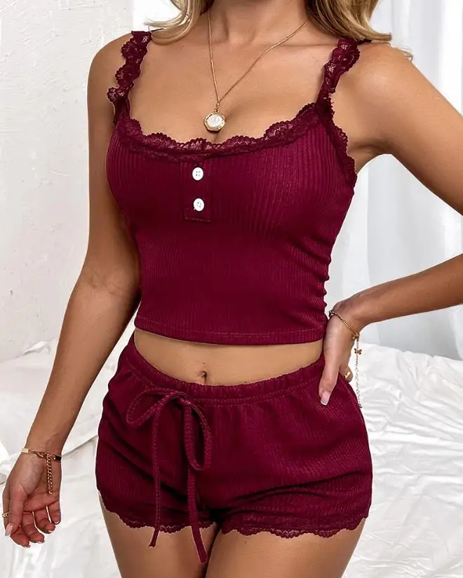 

Two Piece Sets Women Outifits 2023 Summer Fashion Contrast Lace Button Decor V-Neck Sleeveless Top & Casual Skinny Home Cami Set