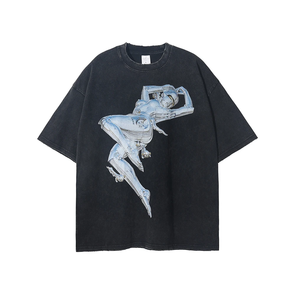 

Technology Robot Print T-shirt Men Summer Washed Destroyed Retro Casual Oversized Tops Brand Design Clothes Man Tshirts Black