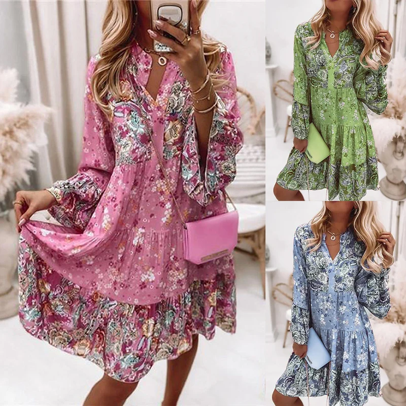 

Women Retro Floral Print Dress Summer Casual Flare Sleeve V Neck Ruffle Loose Dresses Ladies Elegant Beach Loose Pullover Dress