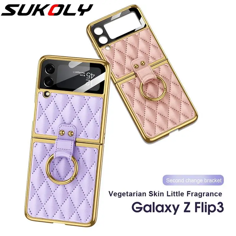 

Case For Samsung Galaxy Z Flip3 Flip4 Plating Leather Ring Holder Cover For Samsung Z Flip 4 Flip3 Luxury Lens Protect Flip Case