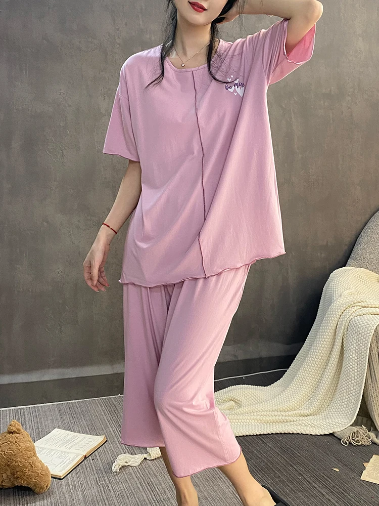 Cropped Pants Summer Women's Pajamas With Chest Pad One Short sleeve Modal Thin Wear-Free Bra Nipple Coverage Homewear