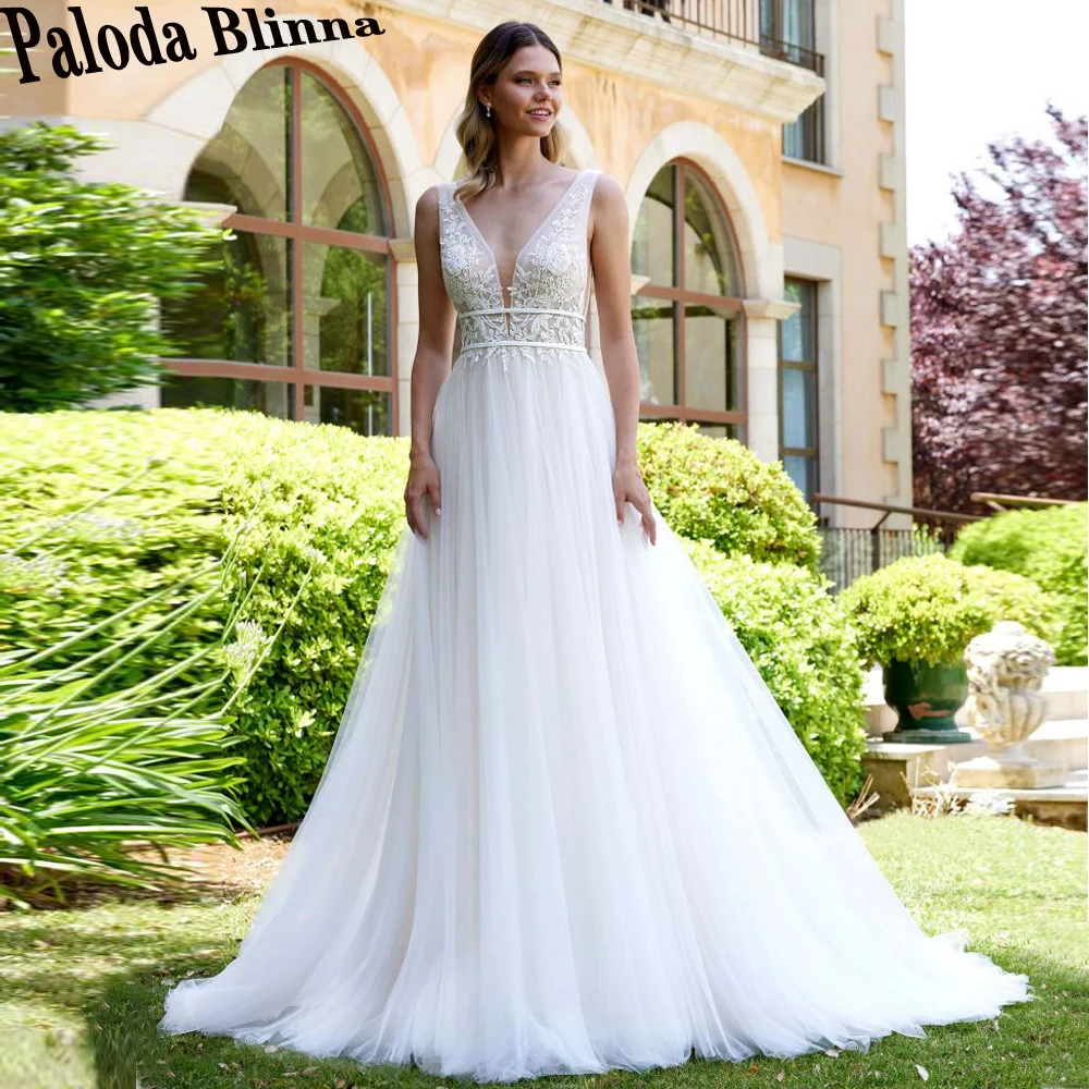 

Paloda Generous V-neck Wedding Dresses For Women Backless Lace Appliques Sleeveless A-line Vestido De Noiva 2023 Made To Order