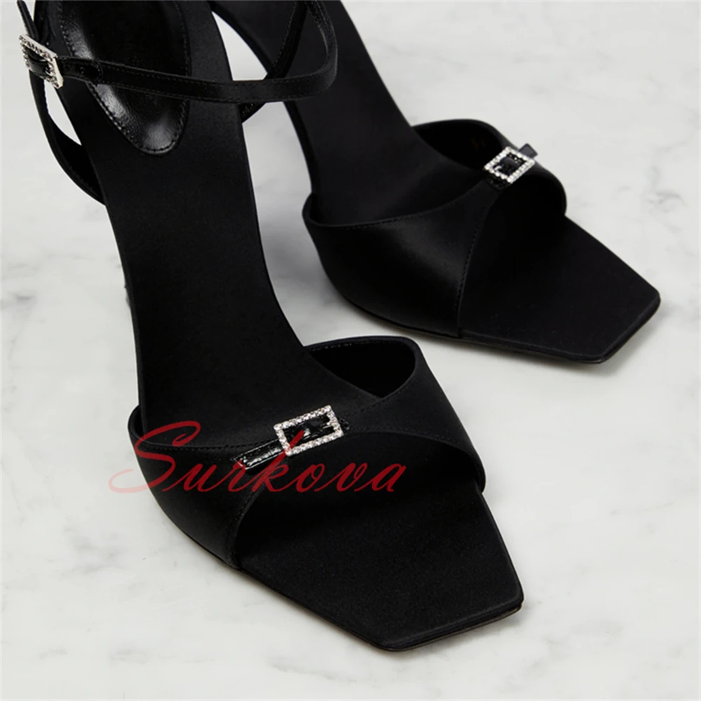 Black Satin Open Toe Sandals Rhinestone Square Buckle Fish Mouth Fashion Sandals Ladies Dress High Heels Shoes Women's Shoes New
