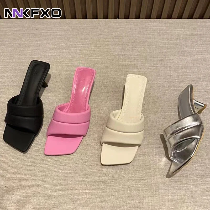 

2023 Summer Peep Toe Women Slipper Fashion Square Toe Slip On Slides Square High Heel Outdoor Dress Sandal Elegant vc6280