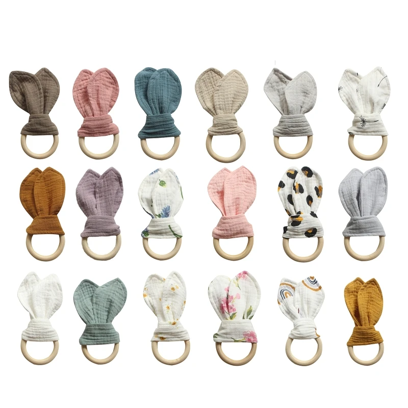

Baby Wooden Hand Grasp Toy Soft Cotton Cute Rabbit Ears Teether Bracelet Comforting Toy Teething Sensory Rattle