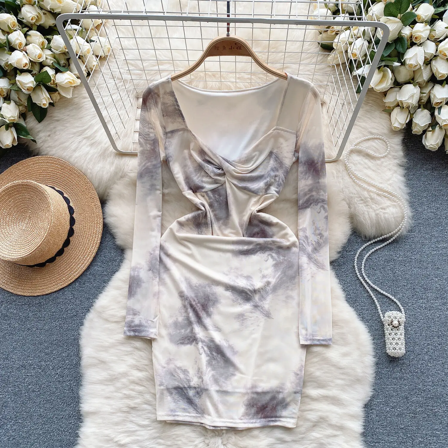 

French Romantic Haute Couture Floral Fall Dress For Women Autumn Twisted Square Neck Soft Comfortable Mini Short Bottom Dress