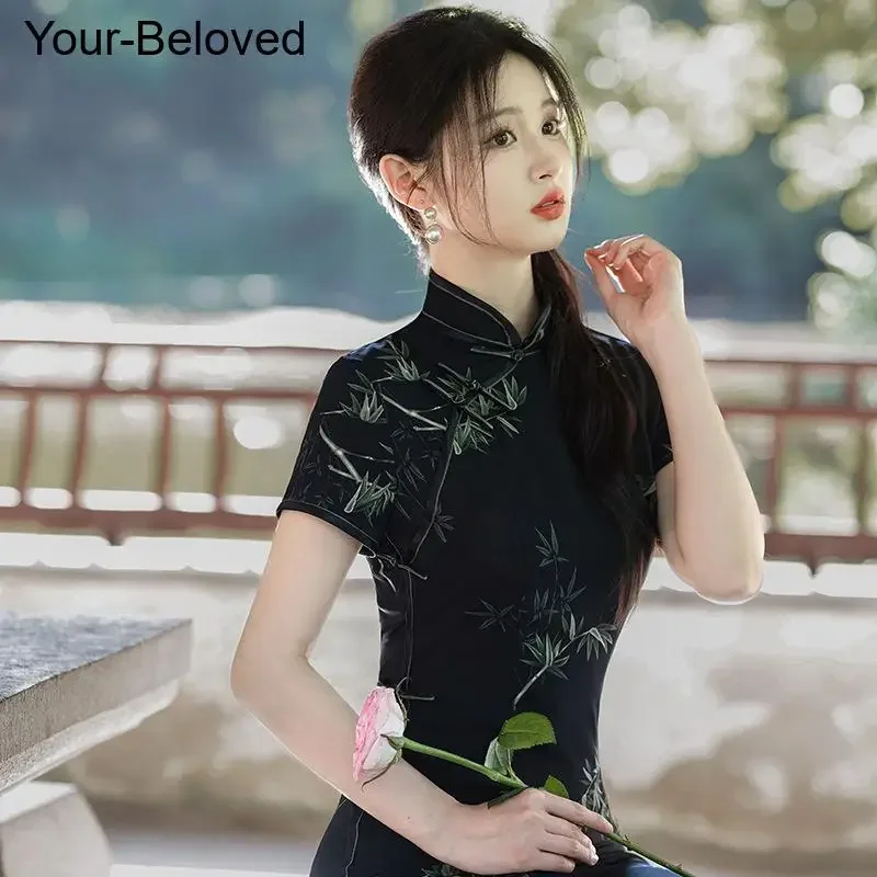 Женское вечернее банкетное платье Ципао больших размеров черное Cheongsam