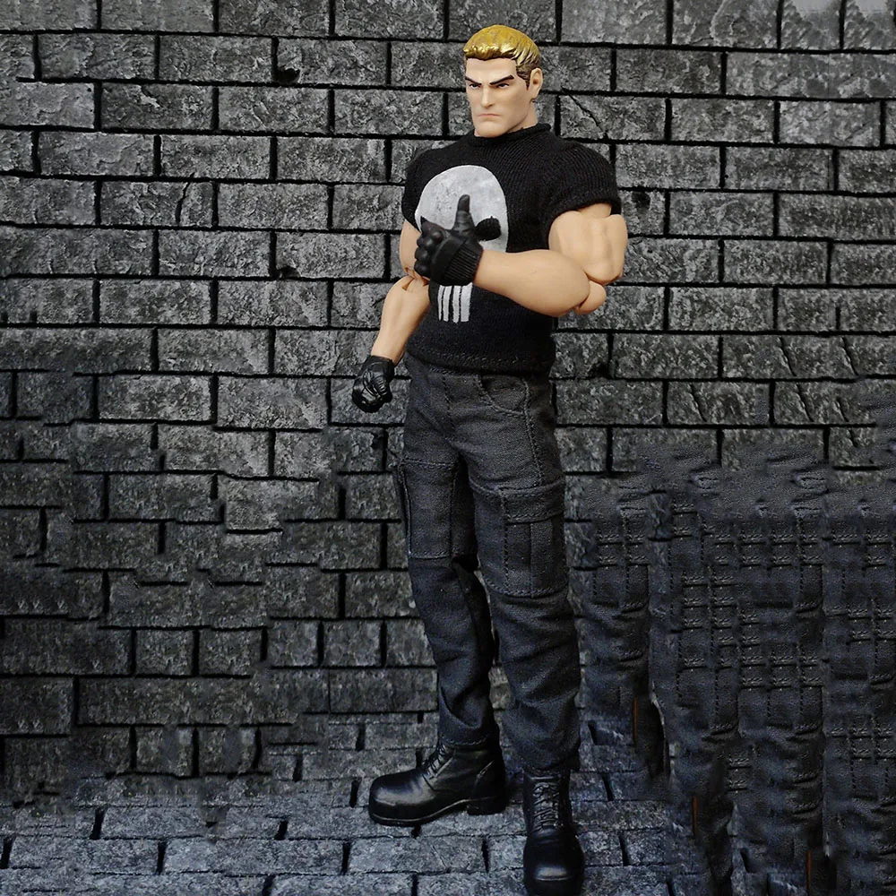 

1/12 Scale Punisher T Short Sleeves Printed T-shirt Overalls Cargo Pants Set for 6inch Action Figure VT GW Strong Body Model