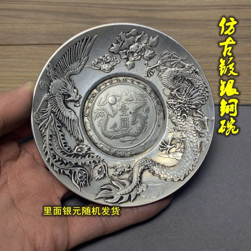 

Antique Miscellaneous Collection Antique Dragon and Phoenix Plate Dish White Copper Silver Plated Plate Copper Plate Crafts Deco