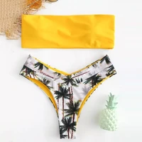 sexy bandeau bikini set women leaf print swimwear push up swimsuit brazilian biquini yellow bikinis bathing suit beachwear