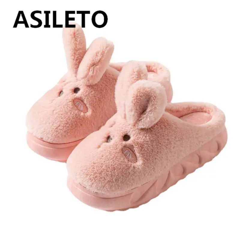 

ASILETO, толстая подошва, хлопковые тапочки, домашний милый кролик, осенне-зимняя теплая пушистая обувь, женские домашние теплые Мультяшные сла...