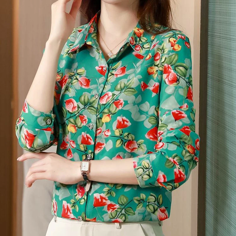 

Vintage Flower Print Green Chiffon Blouse Women Spring Autumn Fashion Long Sleeve Button Up Shirt Mom Top Casual Loose Blouses