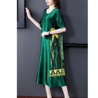 2022 new imitation silk green print robes femme dresses loose waist vintage dress for middle aged mother vestidos elegantes
