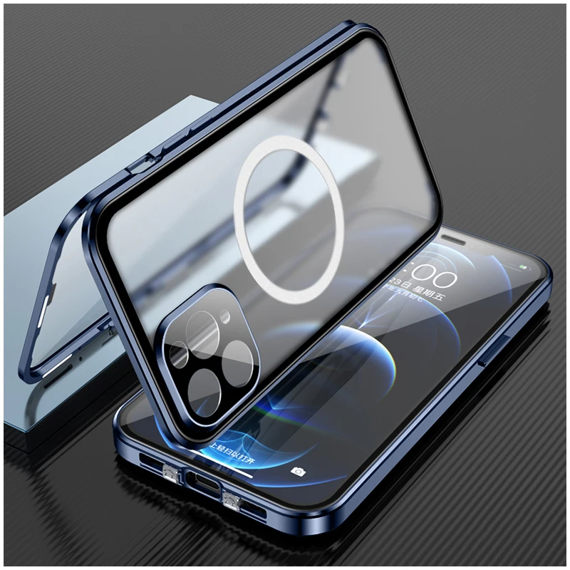 Magnetic Magsafe Case for iPhone 14 13 12 11 Pro Max 360° Double-sided Metal alloy Glass Frosted Back with Lens Protector Cover