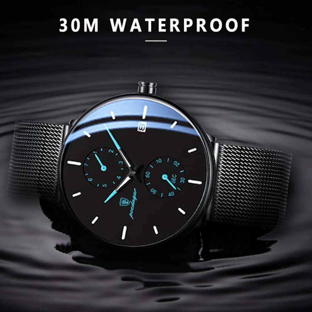 POEDAGAR Fashion Mens Watches Top Brand Luxury Quartz Watch Men Casual Slim Mesh Steel Waterproof Luminous Sport Date Wristwatch enlarge