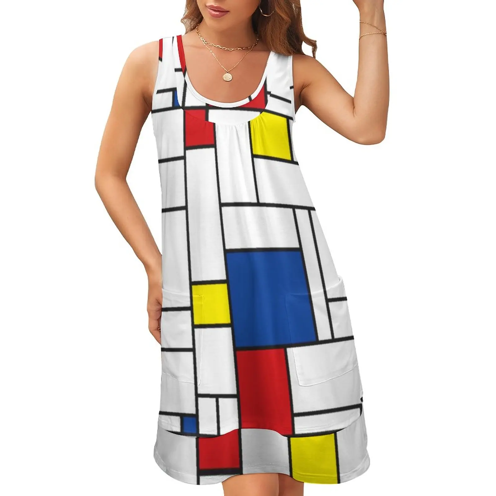 

Ретро клетчатое платье Mondrian, современное художественное элегантное платье Mondrian, женская уличная одежда в стиле пэчворк, платье на бретелях ...
