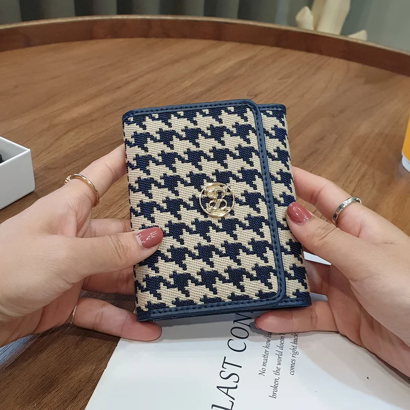 3-fold Women Wallets Short Genuine Leather Billfold Brand Design Houndstooth Embroidery Wallet Two-tone Cowhide Card Holder 2023