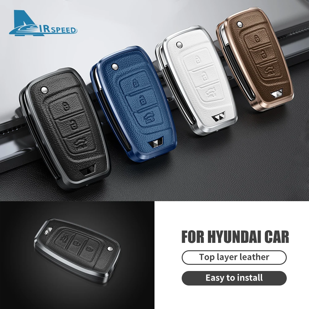 

for Hyundai 100% Brand New Car Top Layer Leather Easy To Install Metal Cowhide Car Remote Key Case Cover Shell Fob Accessories