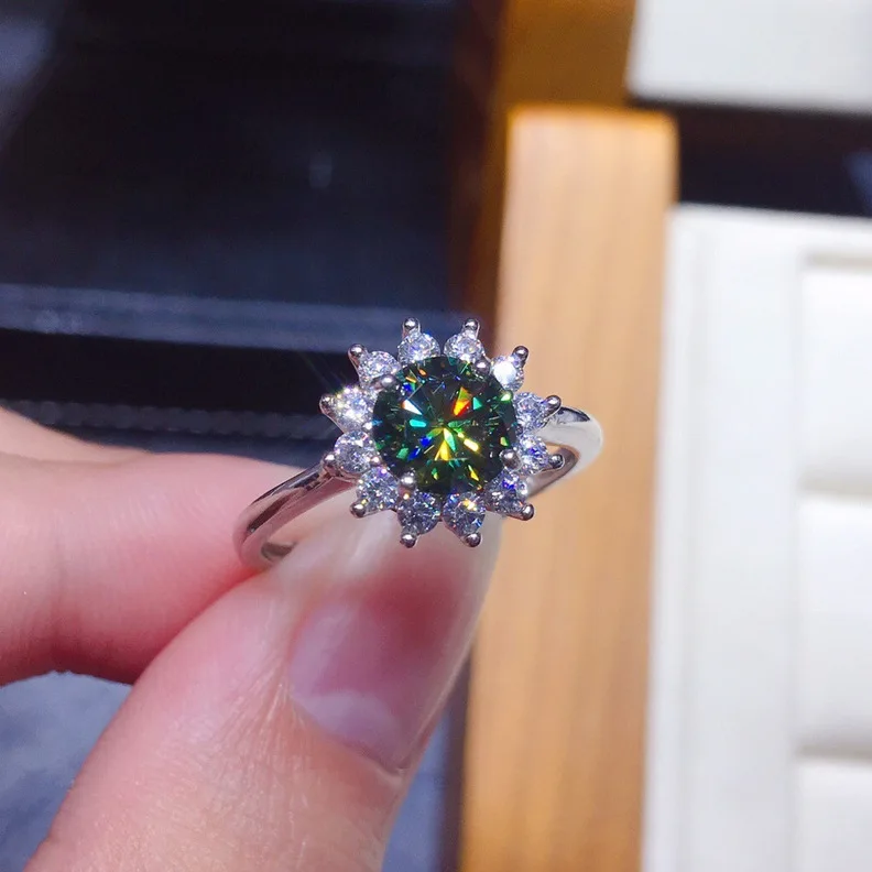 

Vintage Female 1.5ct Round Green Gemstone Ring Resizable Luxury Jewelry Charm 925 Silver Engagement Wedding Rings For Women
