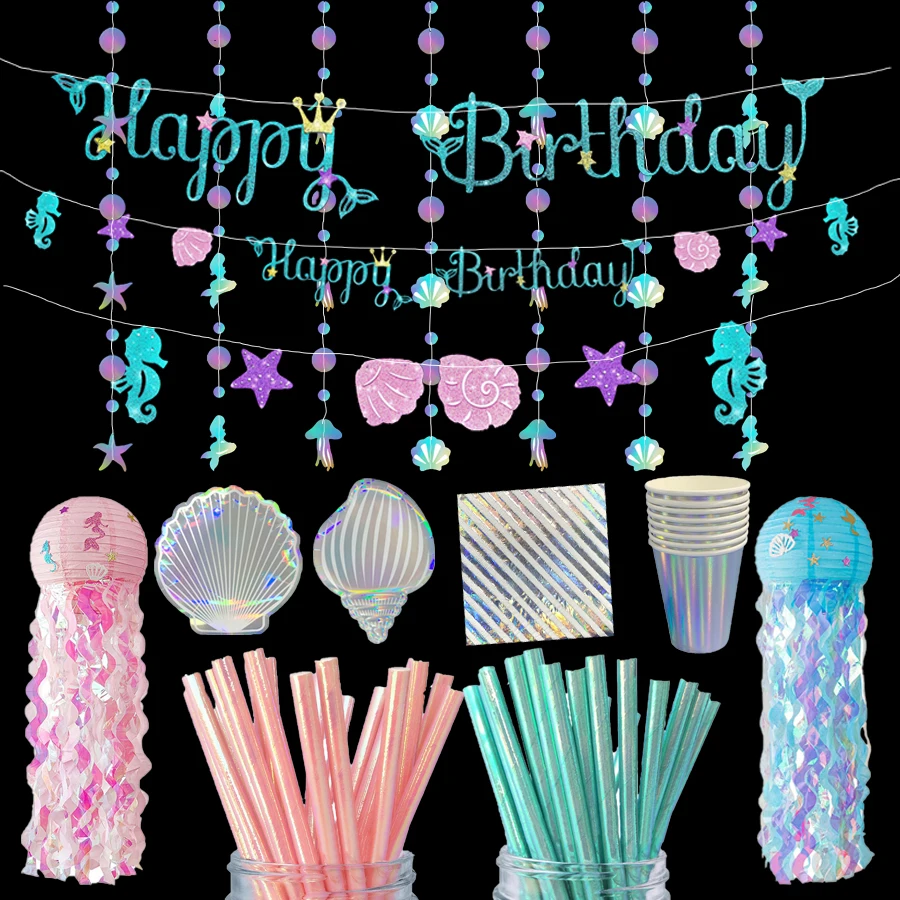 

Mermaid Party Disposable Laser Shell Shape Plates Napkin Little Girl Birthday Mermaid Themed Party Supplies Baby Shower Decor