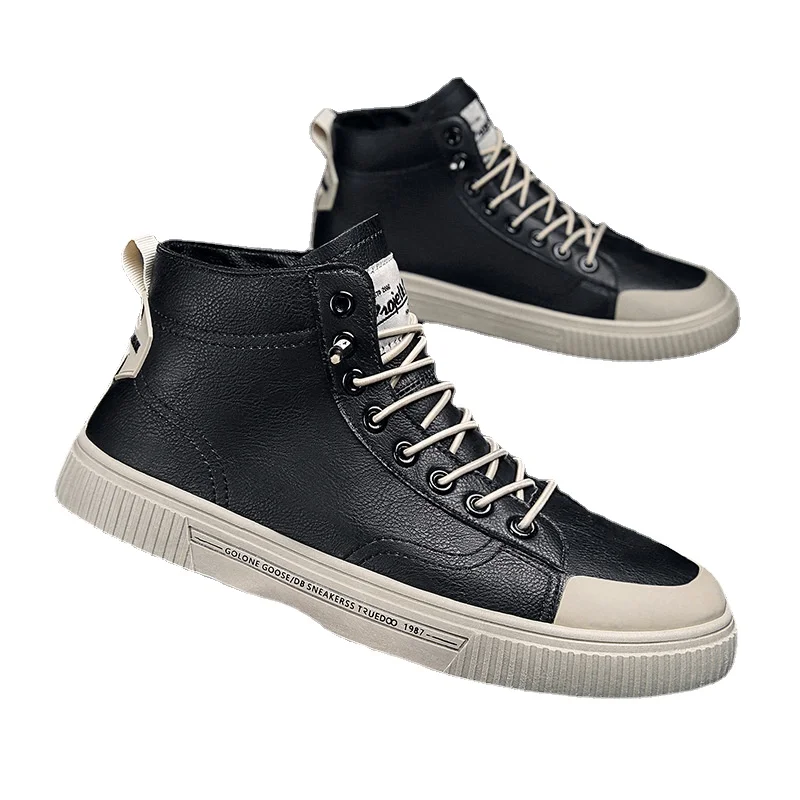 

2023 New Leather High Top Shoes for Men Casual Shoes Spring Autumn Fashion Splicing Lace Up Vulcanized Shoes Skate Male Sneakers