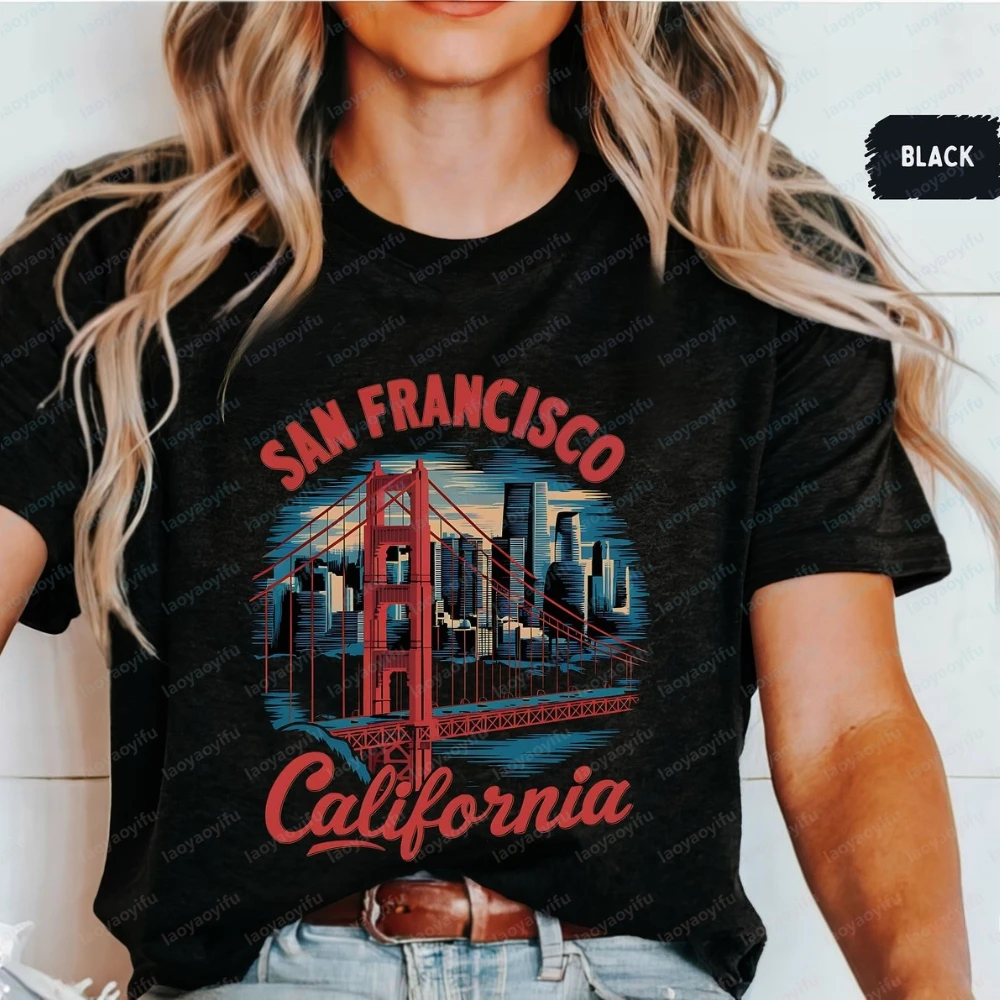 Фото Хлопковая футболка San Francisco Golden Gate: винтажная калифорнийская уличная одежда, модный летний подарок для женщин №1