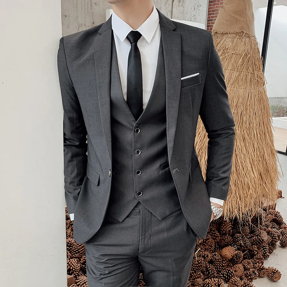 Business Men's Blazers Trousers Groom Wedding Dress 3 Pcs (Jacket+Pants+Vest) Single Breasted Banquet Solid Color Slim Fit Suit