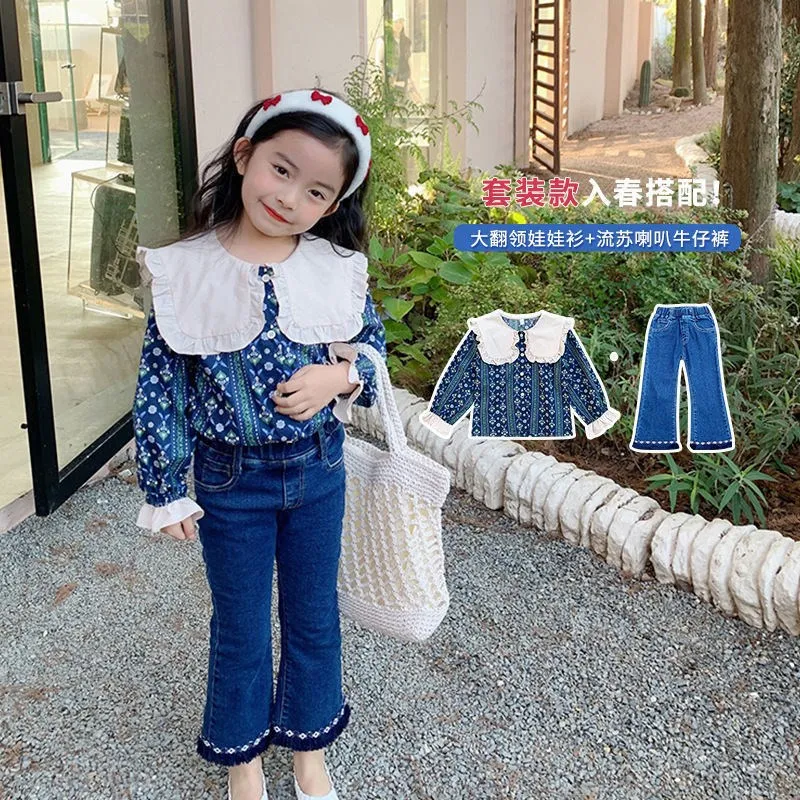 

Girls' denim two-piece set 2023 spring new girls' suit large lapel floral shirt plus flared jeans two-piece set