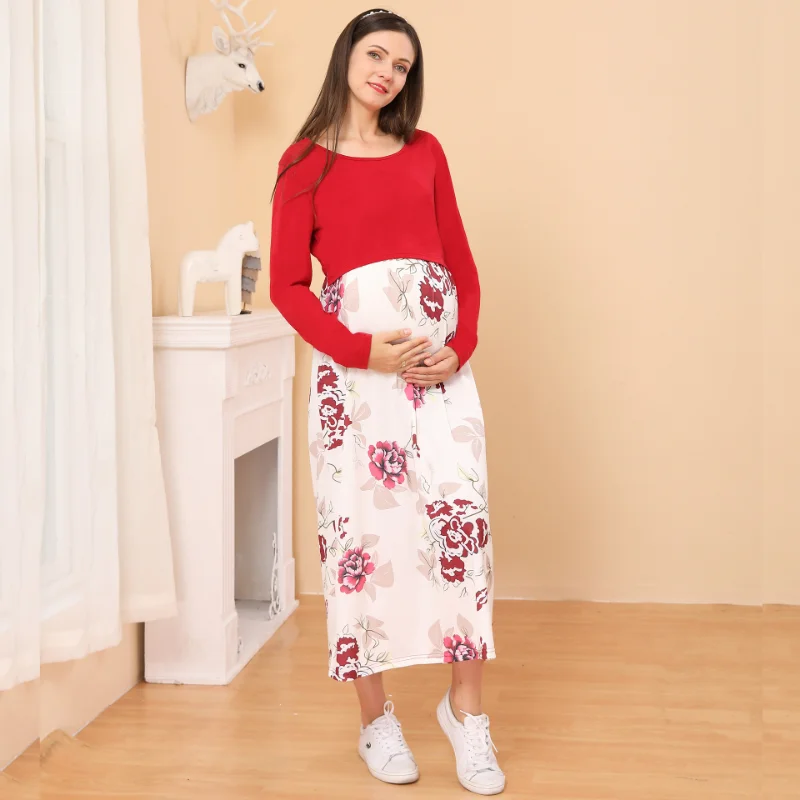 Spring & Autumn Maternity Women Fashion Dress Floral Printing Patchwork Boat Neck Cotton Breastfeeding Dress Pregnancy Clothes enlarge
