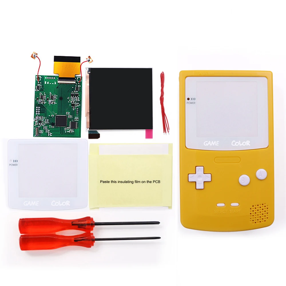 Yellow pre-cut Housing shell White Button V4 Pro OSD RETRO PIXEL Color Backlight Touch IPS LCD Larger Kit For GameBoy Color GBC