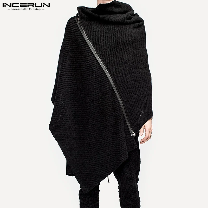 

INCERUN Men Cloak Coats Solid Color Turtleneck Zipper Streetwear 2023 Irregular Ponchos Fashion Casual Men Long Trench S-5XL