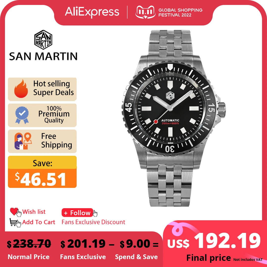Цена San Martin 41 мм оригинальный дизайн ретро мужские часы для ныряния Miyota автоматический механический Браслет Водонепроницаемый 20 бар BGW9 полность...