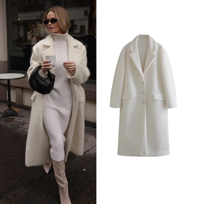 

Зимнее шерстяное пальто TRAF для женщин, новинка 2023, бежевое шерстяное шикарное простое плотное теплое уличное длинное пальто, элегантное модное Свободное пальто Joker