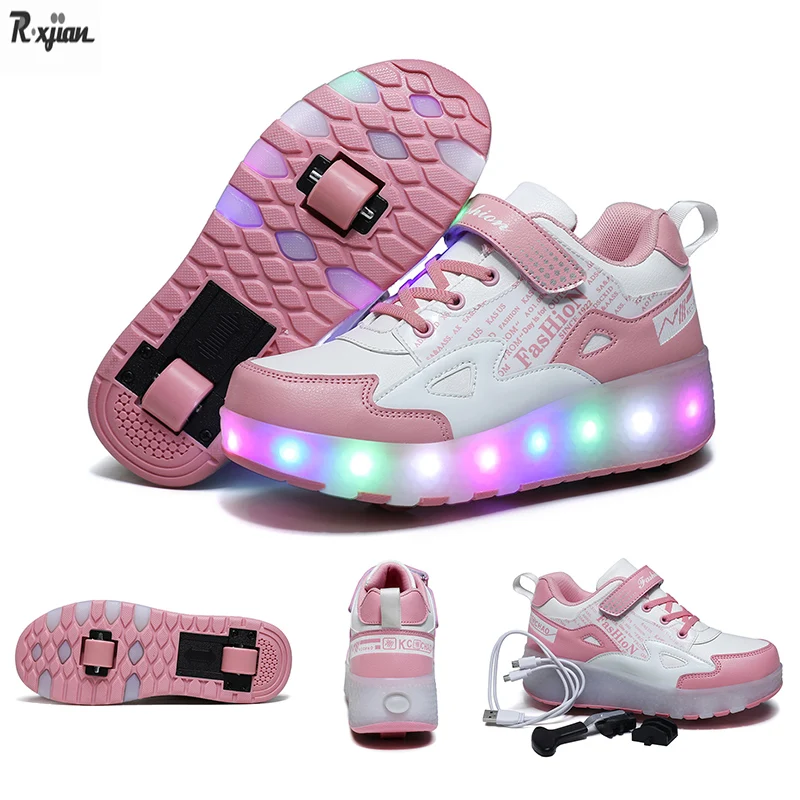 

The New Two-wheel Luminous Roller Shoes Colorful For Kids Flying Woven LED Charging Switch And Breathable And Stylish Cool
