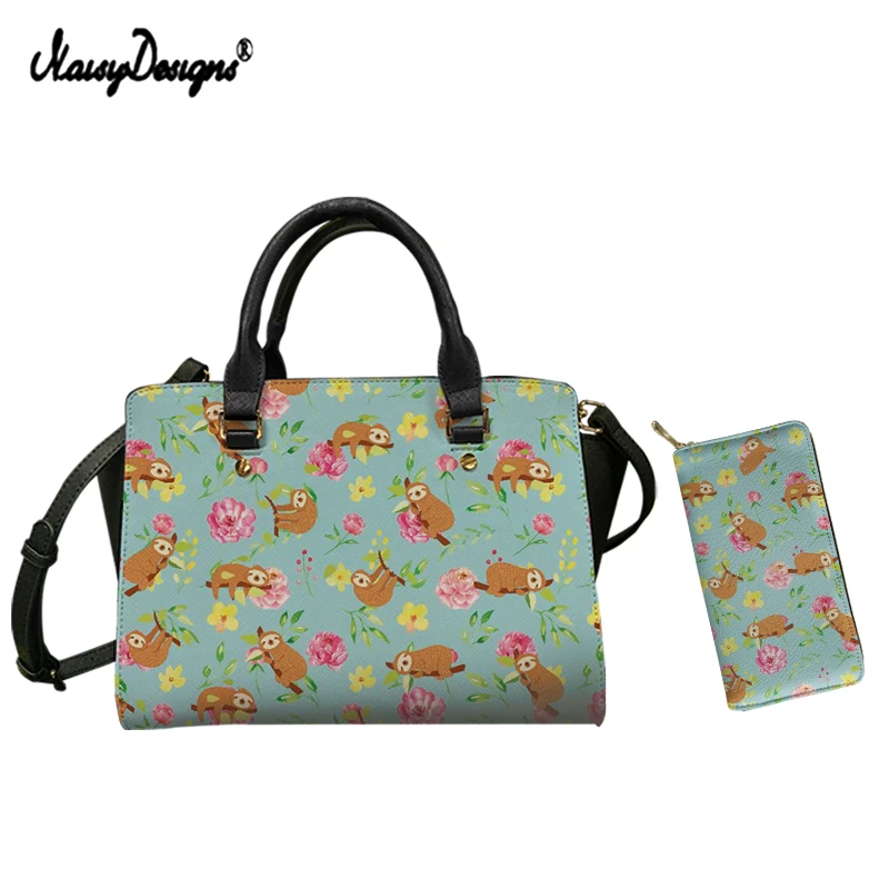 

NOISYDESIGNS Brand Designer Luxury PU Leather Women Handbags Purse 2pcs/set Kawaii Sloth Floral Print Ladies Shoulder Bags Mujer