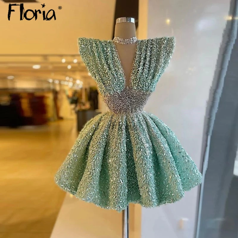 

Mint Green Full Beaded Cocktail Dress Deep V Neck Puffy Short Prom Party Gowns Vestidos De Fiesta Club Night Wear Gowns Robes