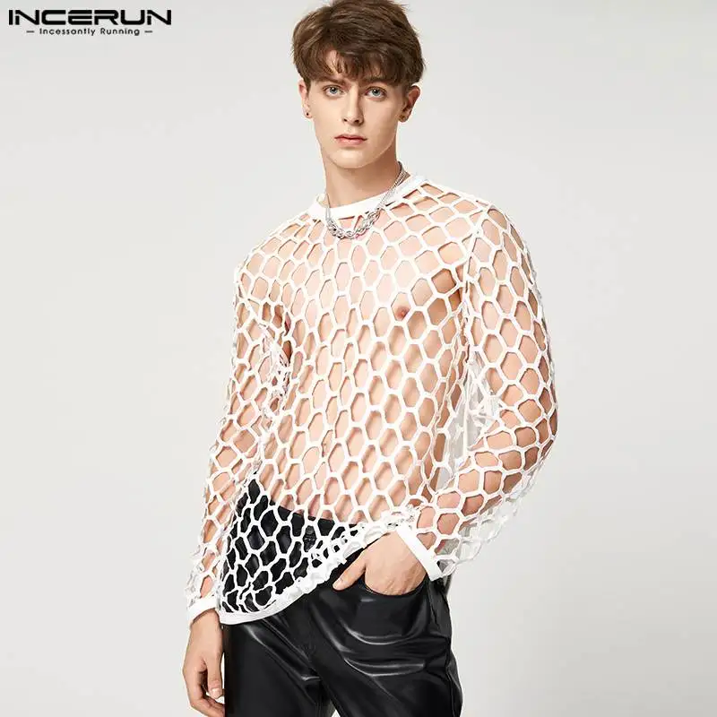 

Футболка INCERUN Мужская прозрачная в клетку, пикантная рубашка с круглым вырезом и длинным рукавом, стильная уличная одежда для вечерние, 2022